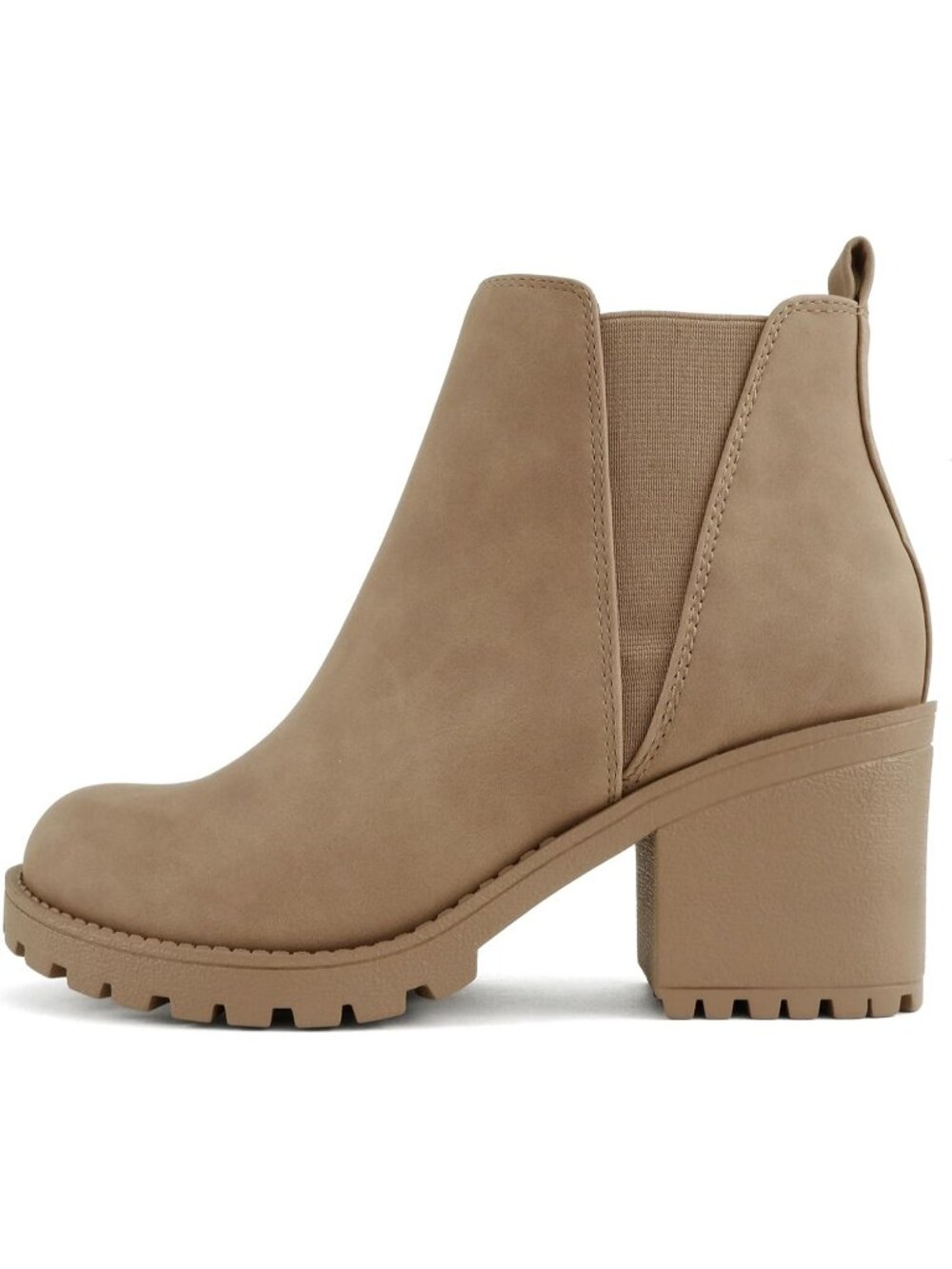 Women's Taupe Nubuck Origami Lug Sole Mid Heel Ankle Bootie Double Elastic Boot